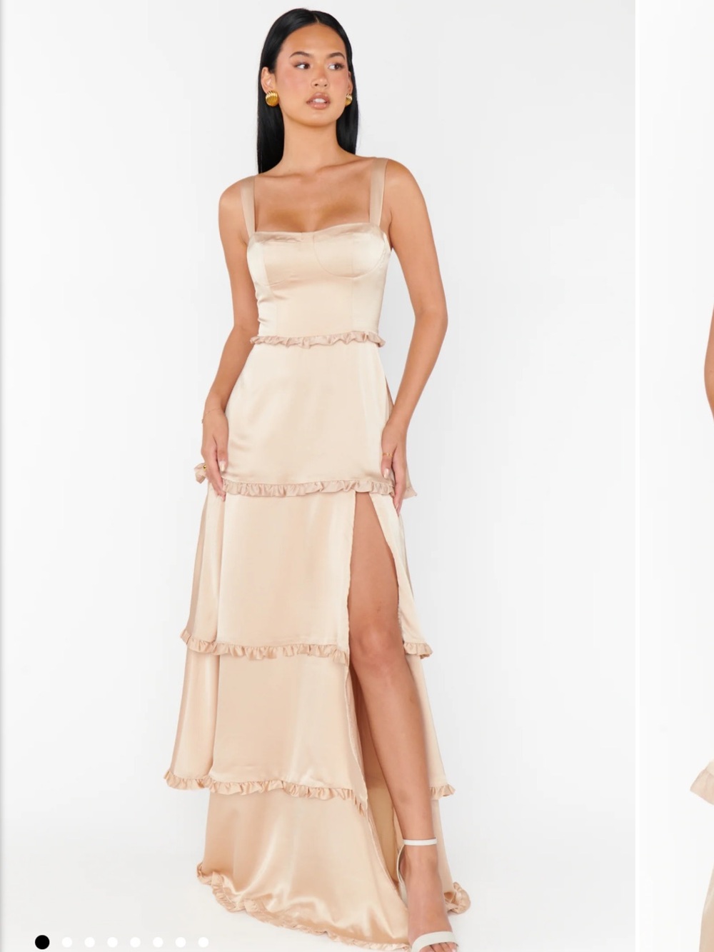 Lady Corset Dress by Show Me Your Mumu - Champagne Satin Ruffle Strap Gown